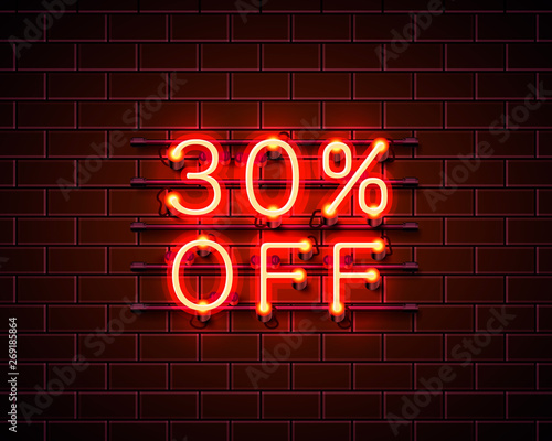Neon 30 off text banner. Night Sign. Vector 