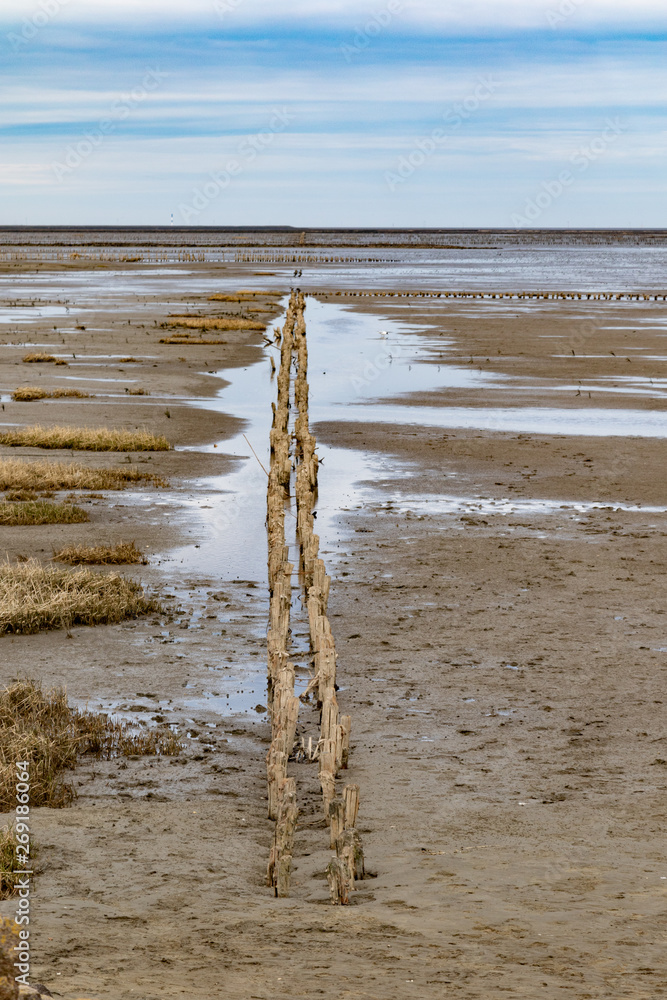 Top view on wooden old pier beside some puddles since ebb tide in the mudflats of the north sea in germany Top view on wooden old pier beside some puddles since ebb tide in the mudflats of the north sea in germany