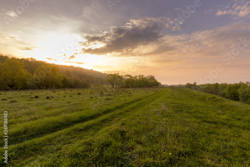 Sunset in a field with grass and footpath. photo