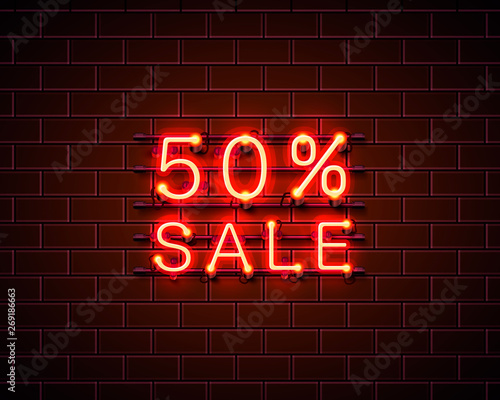 Neon 50 sale text banner. Night Sign. Vector 