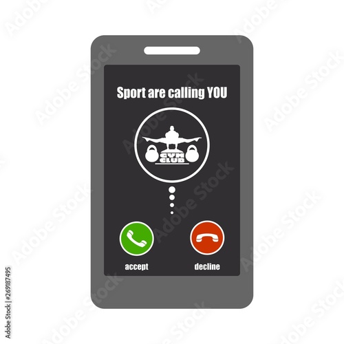 Smartphone with call screen. Ready for answer concept. Graphic elements for business. Muscular man posing on gym club text.