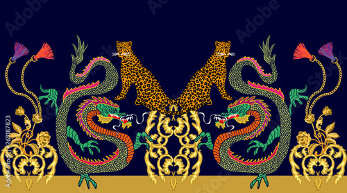Seamless vector patten with wild fantasy creatures and golden scrolls. 