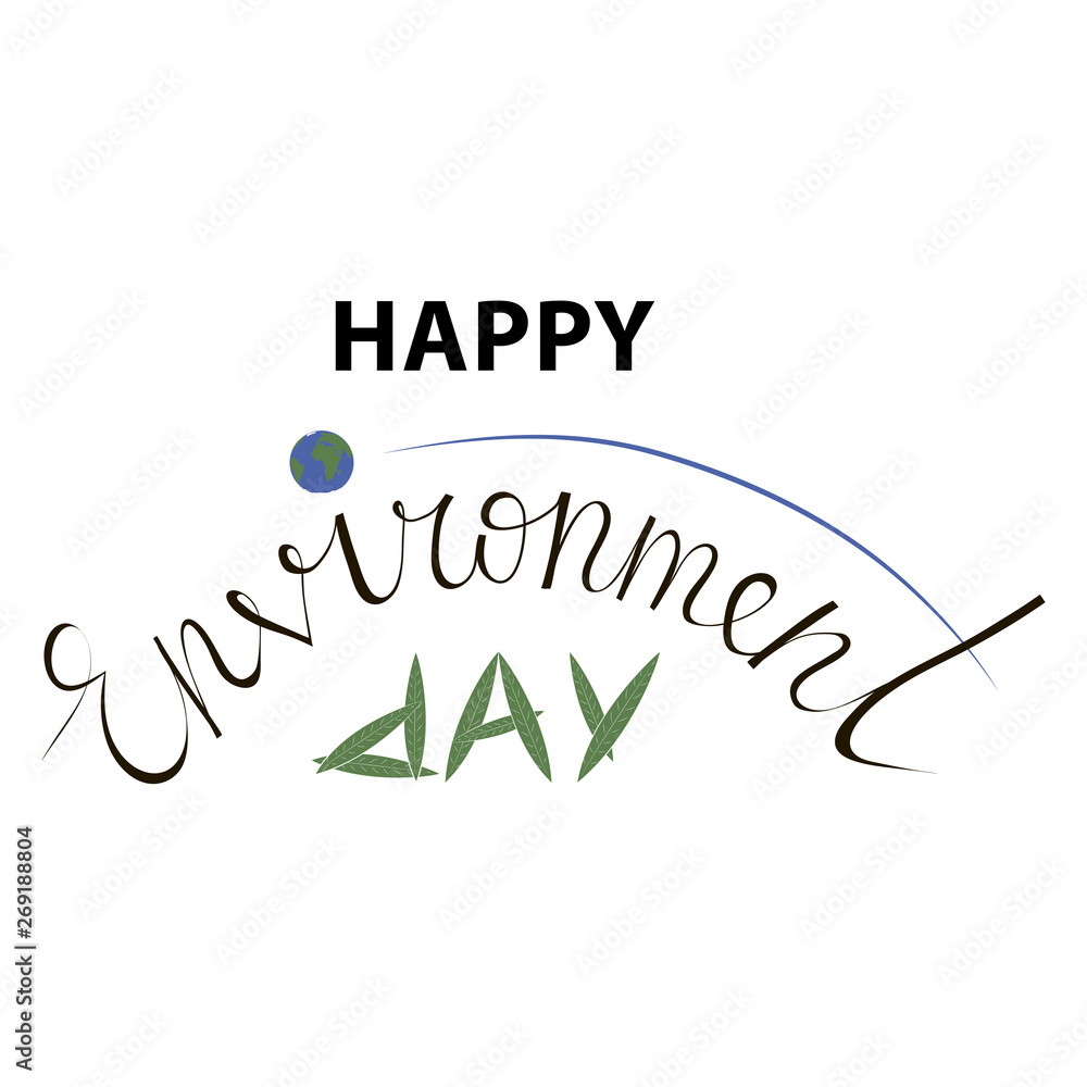 Obraz premium World environment day hand lettering for cards, posters etc. Vector calligraphy with leaves illustration on white background.