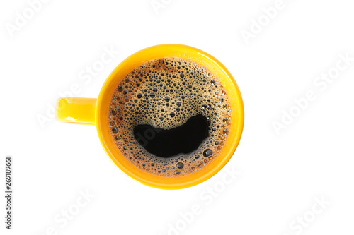 Yellow cup of coffee isolated on white background, top view. Coffee time accessories © Atlas