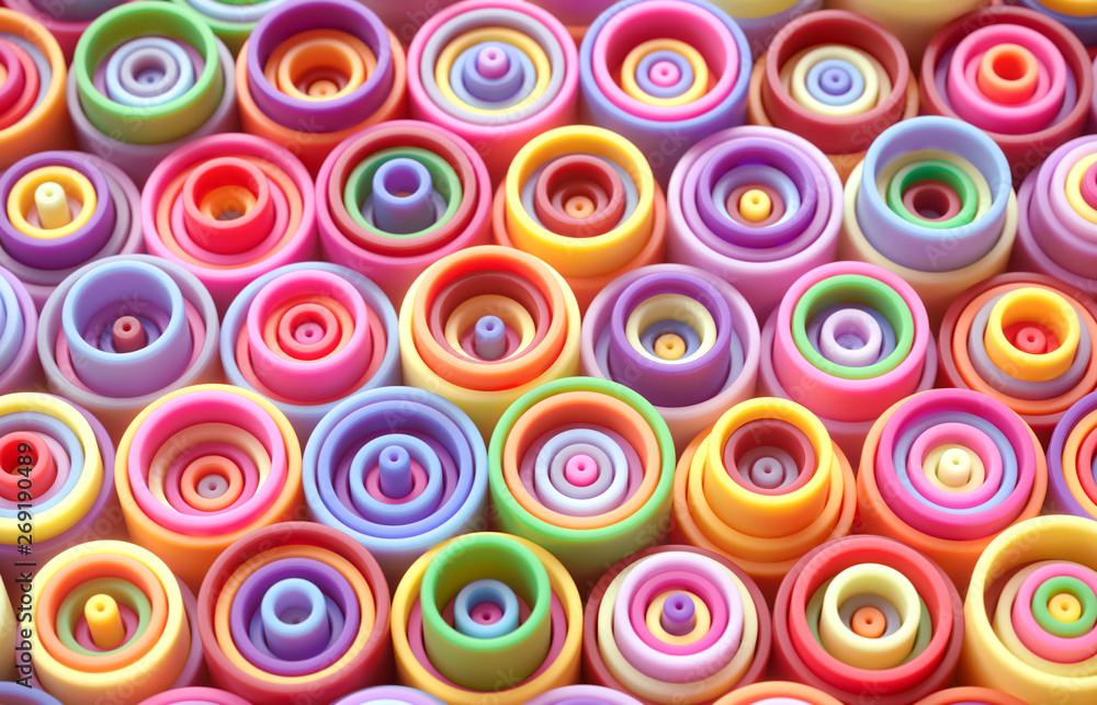 Abstract 3D background. Rainbow of colorful tubes and cylinder