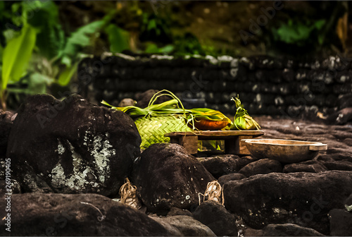 Offrandes sur le marae à Tahiti photo