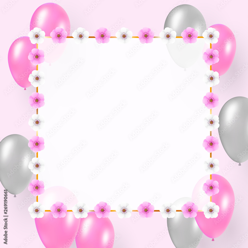 Celebration design on light background. Festive concept with flying pink and silver balloons. Transparent white empty space for the text in gold floral decorated frame. Celebration design on light background. Festive concept with flying pink and silver balloons. Transparent white empty space for the text in gold floral decorated frame.