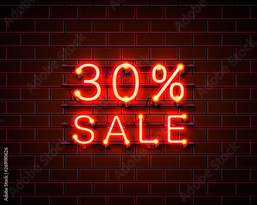 Neon 30 sale text banner. Night Sign. Vector