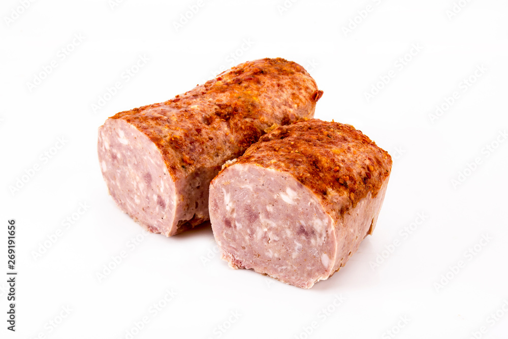 Roast pork with cheese. Cold meat on a white background.