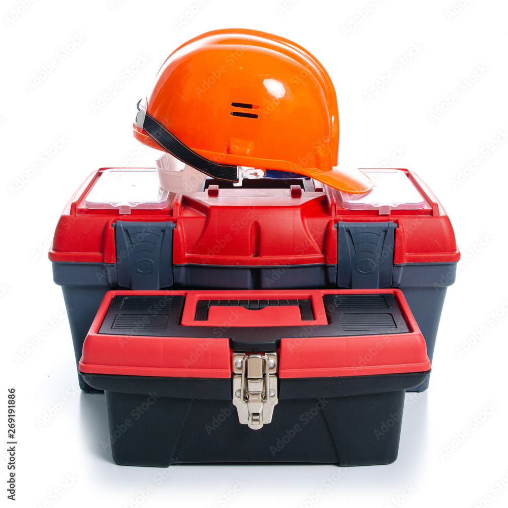 toolbox, helmet, building tools on white background isolation toolbox, helmet, building tools on white background isolation