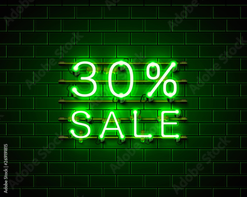 Neon 30 sale text banner. Night Sign. Vector