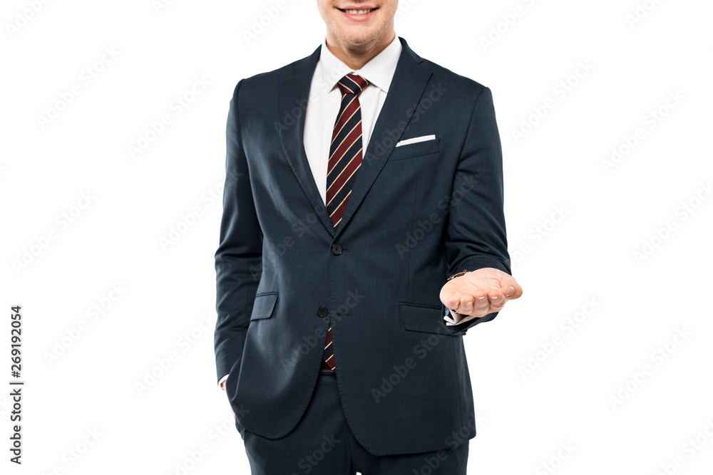 cropped view of cheerful man in suit smiling and gesturing isolated on white cropped view of cheerful man in suit smiling and gesturing isolated on white