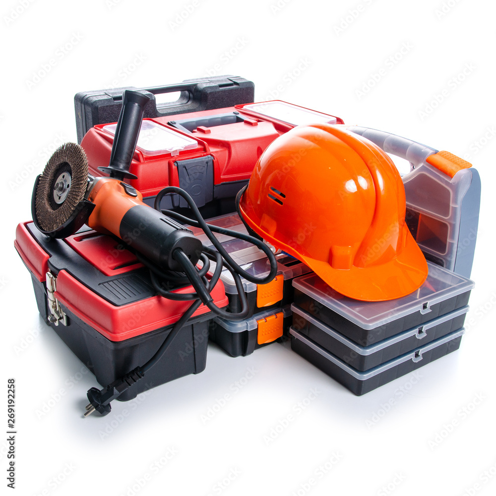 toolbox, helmet, building tools on white background isolation toolbox, helmet, building tools on white background isolation