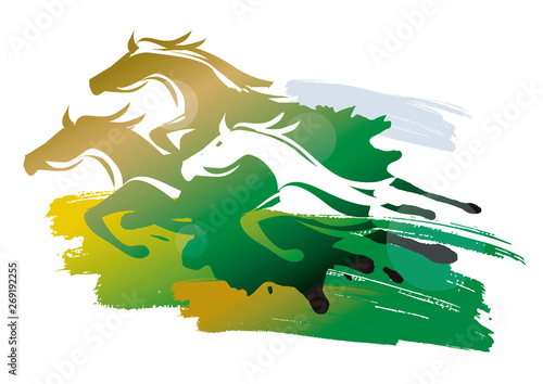 Wild Horses Running on a Meadow. Stylized colorful illustration of three runnig horses. Vector available.