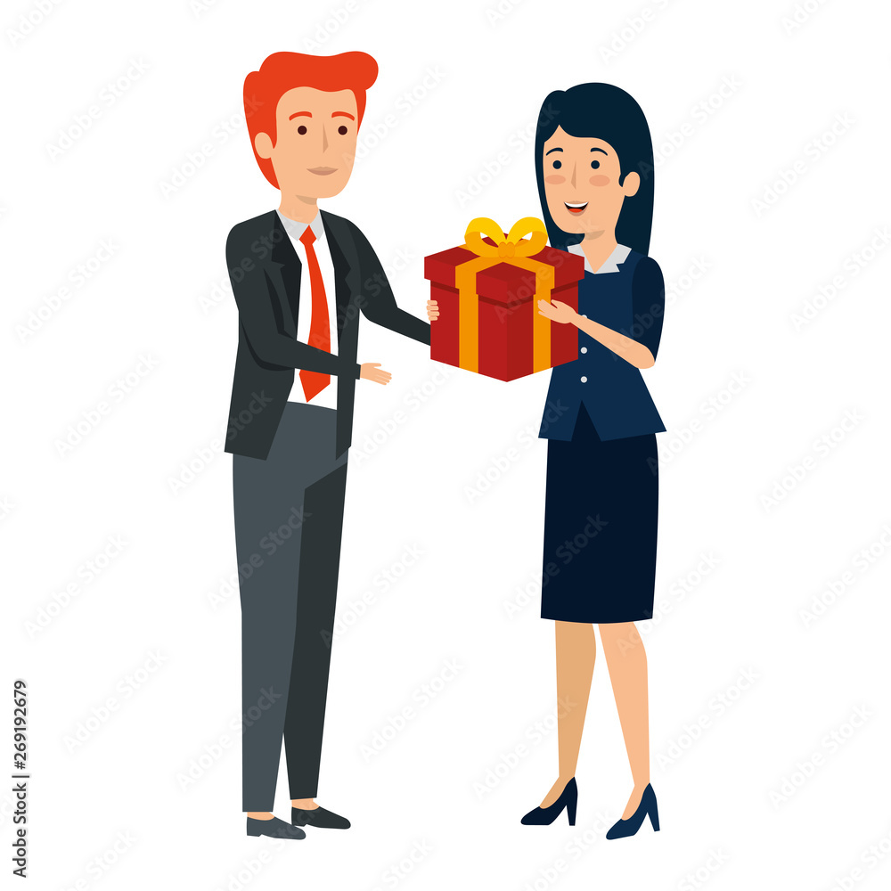 young business couple with gift box young business couple with gift box