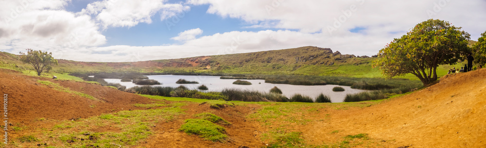 Panoramic view of the lagoon in the crater of the Rano Raraku volcano on Easter Island