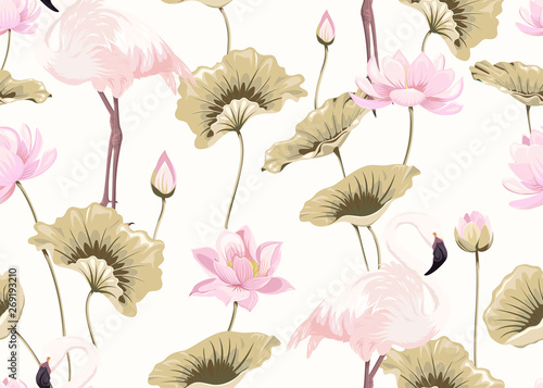 Seamless pattern with pink flamingos and lotuses