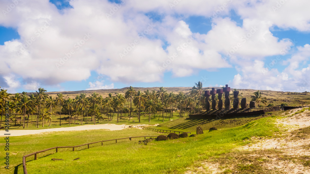 Moai of Ahu Nau Nau on the beach of Anakena on Easter Island. Rapa Nui
