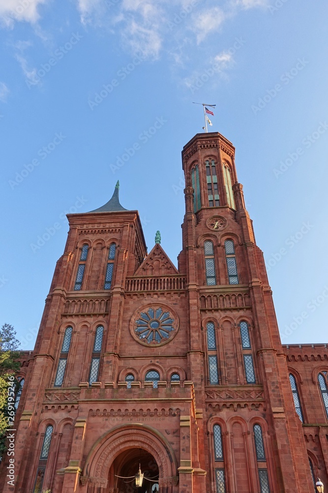 WASHINGTON, DC -6 APRIL 2019- View of the Smithsonian Institution Building (the Smithsonian Castle) near the National Mall in the nation’s capital.