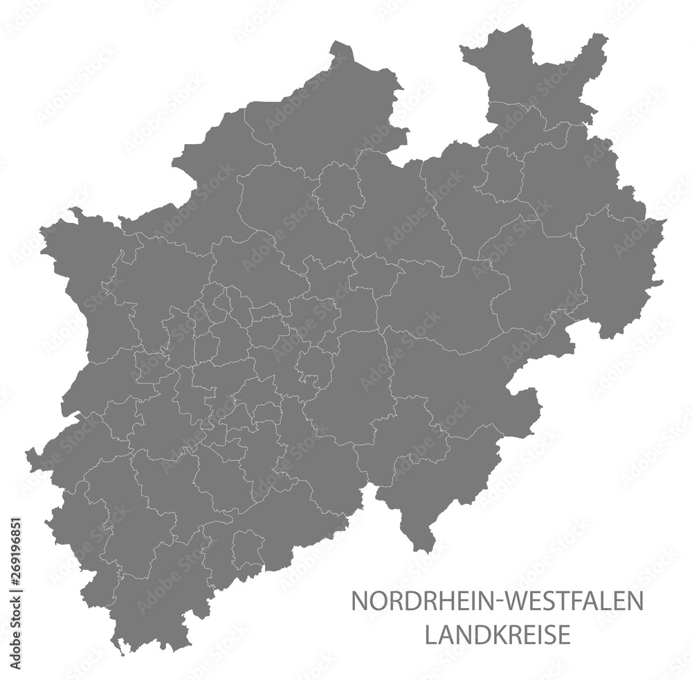 Modern Map - North Rhine-Westphalia map of Germany with counties gray