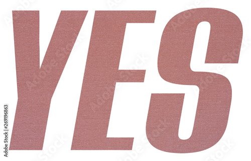 YES word with terracotta colored fabric texture on white background