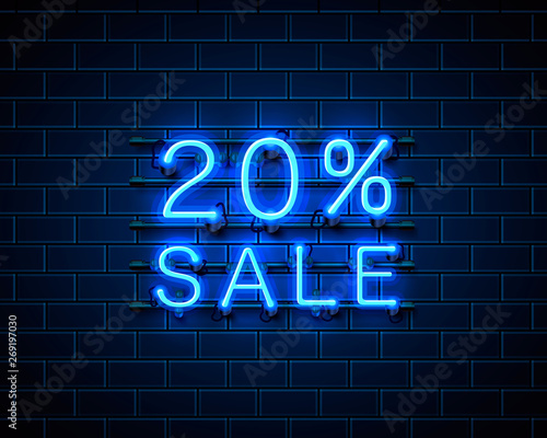 Neon 20 sale text banner. Night Sign. Vector