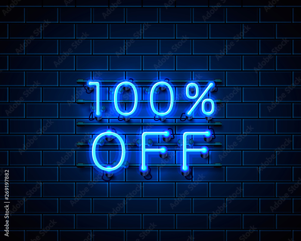 Obraz premium Neon 100 off text banner. Night Sign. Vector