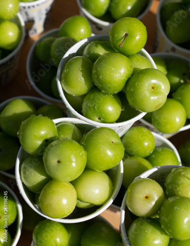 Top view of green plums or greengage in paper cup on sale in the street in Turkey, popular spring fruits with a very sharp sour taste in Iran
