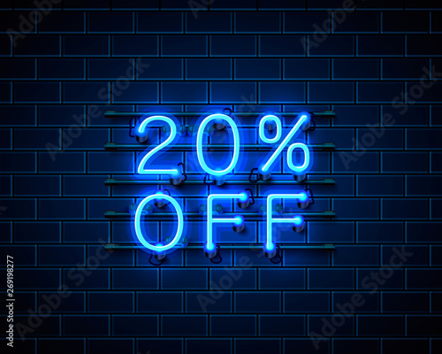 Neon 20 off text banner. Night Sign. Vector