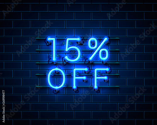 Neon 15 off text banner. Night Sign. Vector
