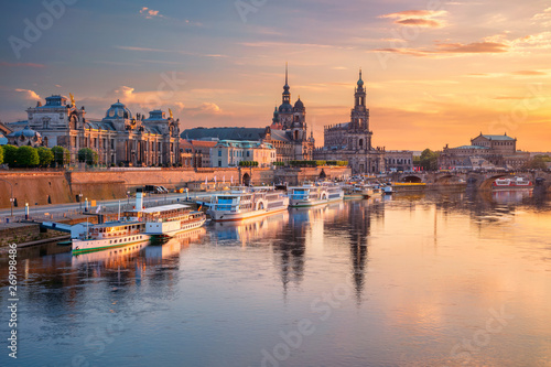 Dresden  Germany. Cityscape image of Dresden  Germany with reflection of the city in the Elbe river  during sunset.