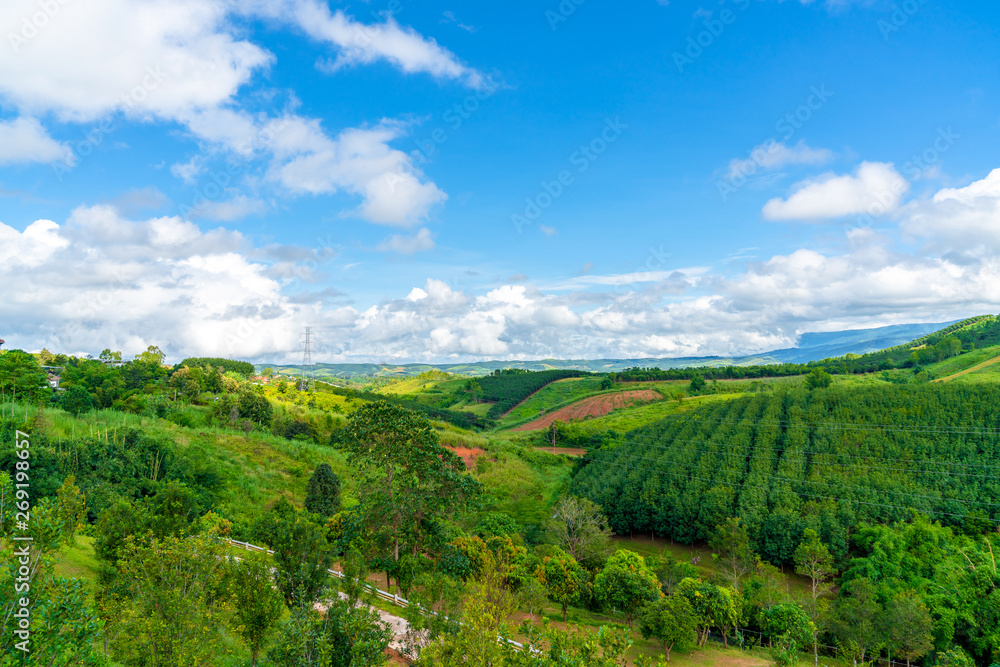 Obraz premium Blue sky high peak mountains fog hills mist scenery national park views at Phu Tub Berk, Khao Koh, Phetchabun Province, Thailand