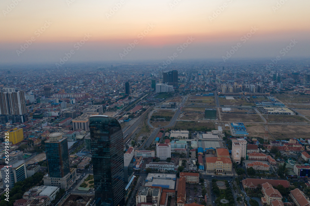 Landscape Phnompenh capital of Kingdom of Cambodia , take shot by drone on sunset