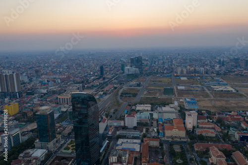 Landscape Phnompenh capital of Kingdom of Cambodia , take shot by drone on sunset © Nhut