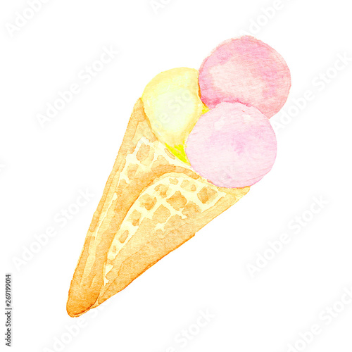 Strawberry Ice Cream Cone Seamless Pattern for Packaging ,White background for Print Fabric. Watercolor Hand drawn image Perfect for cases design, postcards,Product, Paper Print,Bakery shop,