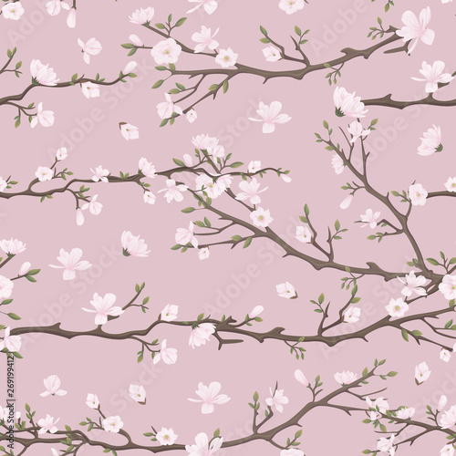 seamless pattern with flowering branches of magnolia