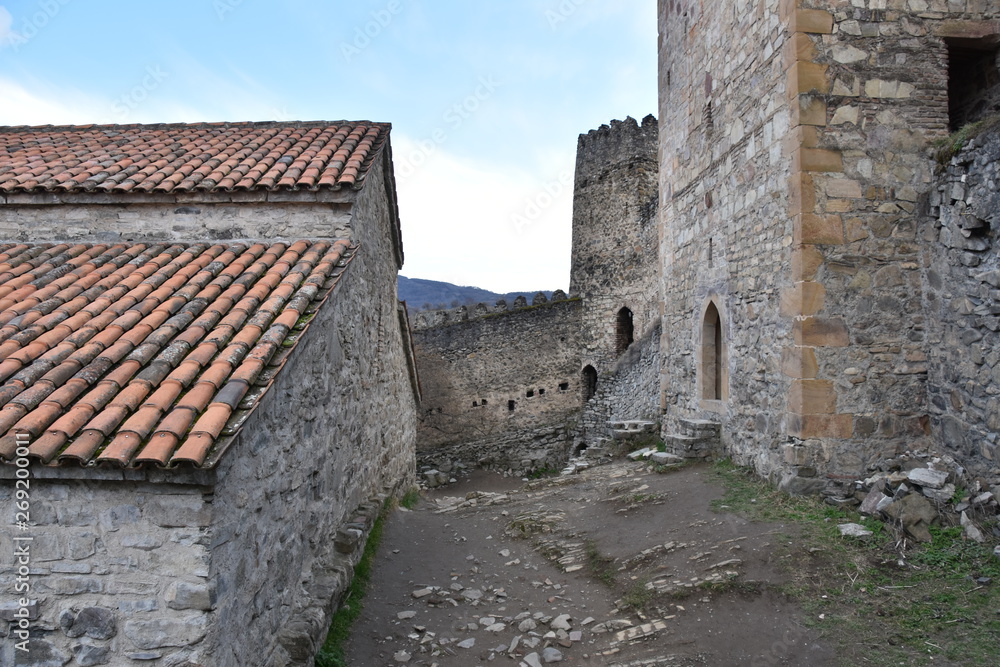 Walls of Ananuri Fortress with Gothic Arch Doorways, Georgia