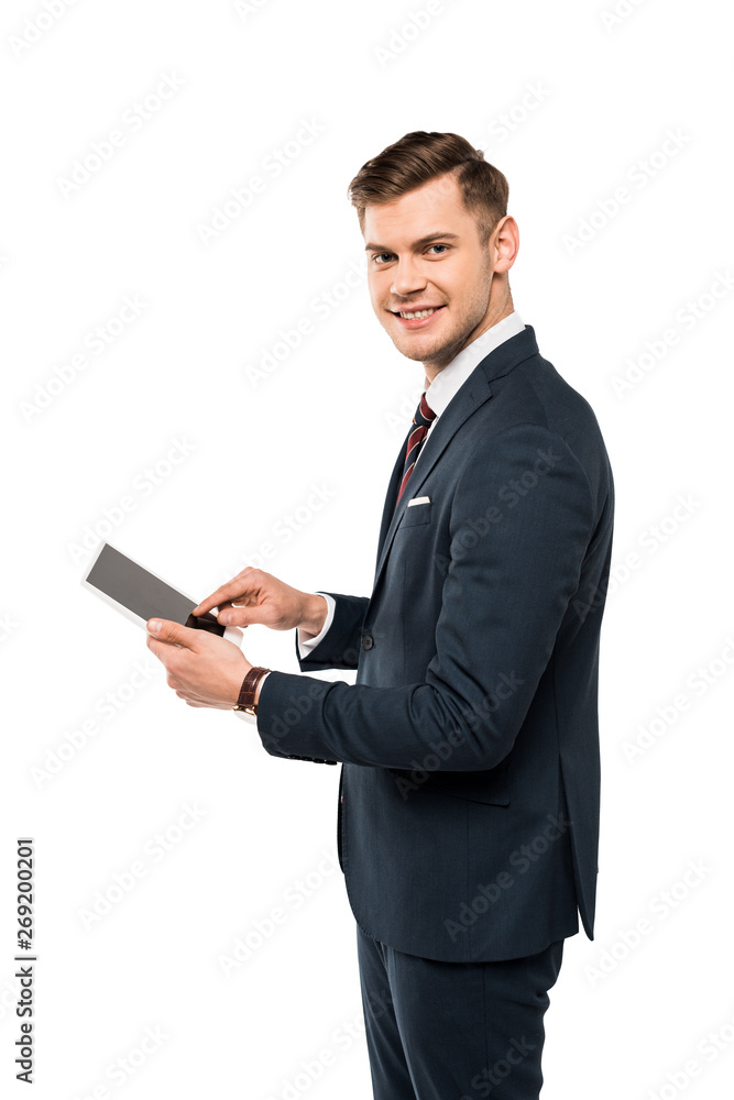 cheerful businessman using digital tablet with blank screen isolated on white