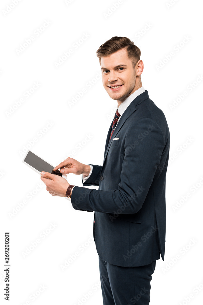 cheerful businessman using digital tablet with blank screen isolated on white cheerful businessman using digital tablet with blank screen isolated on white