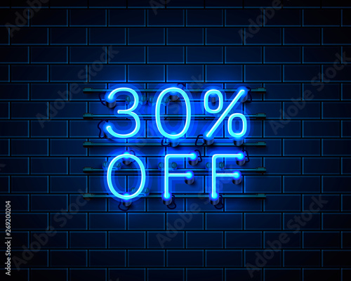 Neon 30 off text banner. Night Sign. Vector