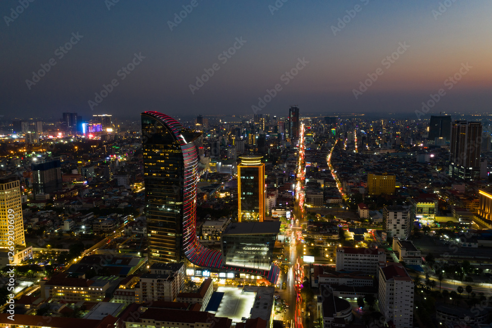Fototapeta premium Landscape Phnompenh city from drone on the night