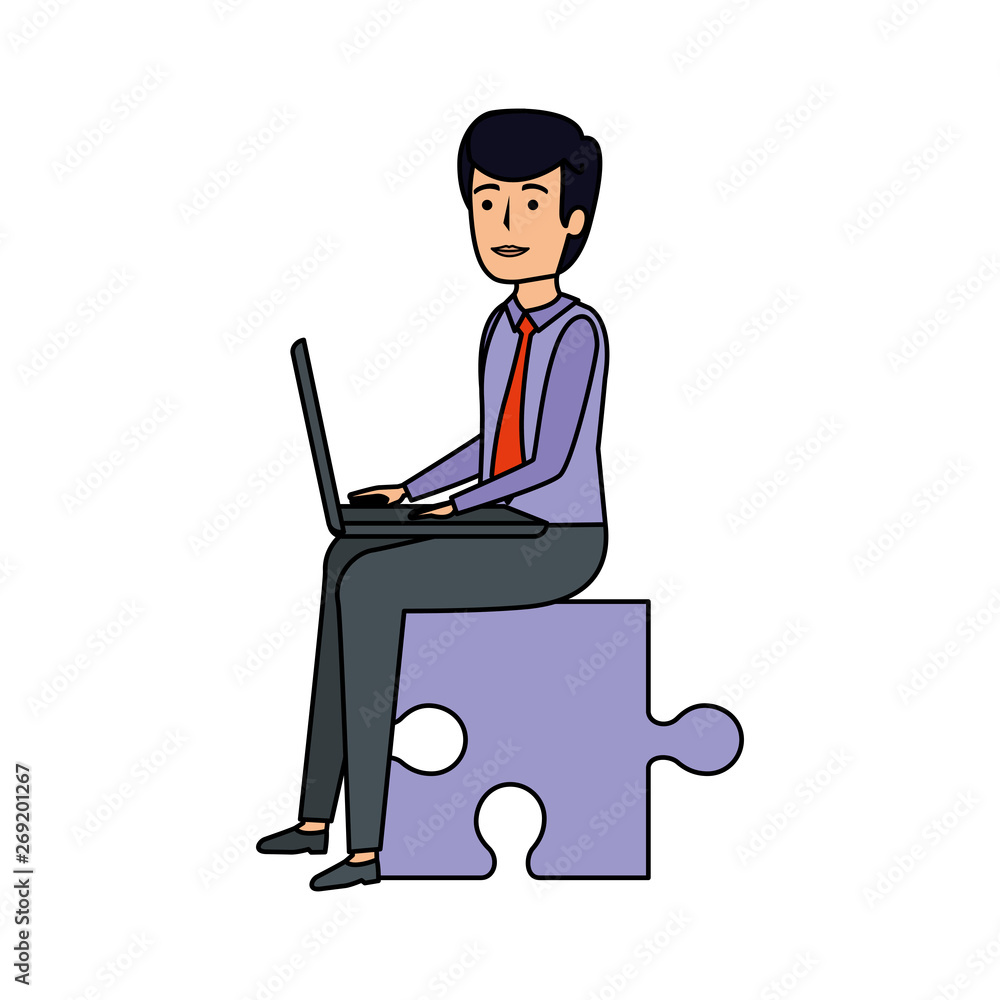 young businessman sitting in puzzle piece young businessman sitting in puzzle piece