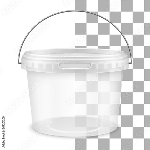 Vector transparent round empty plastic bucket with metallic handle. Front view.