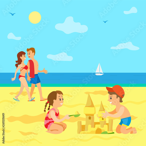 Summer vacations of kids vector, beach and seaside view, Family on holidays, couple parents walking along coast and kids building castle from sand