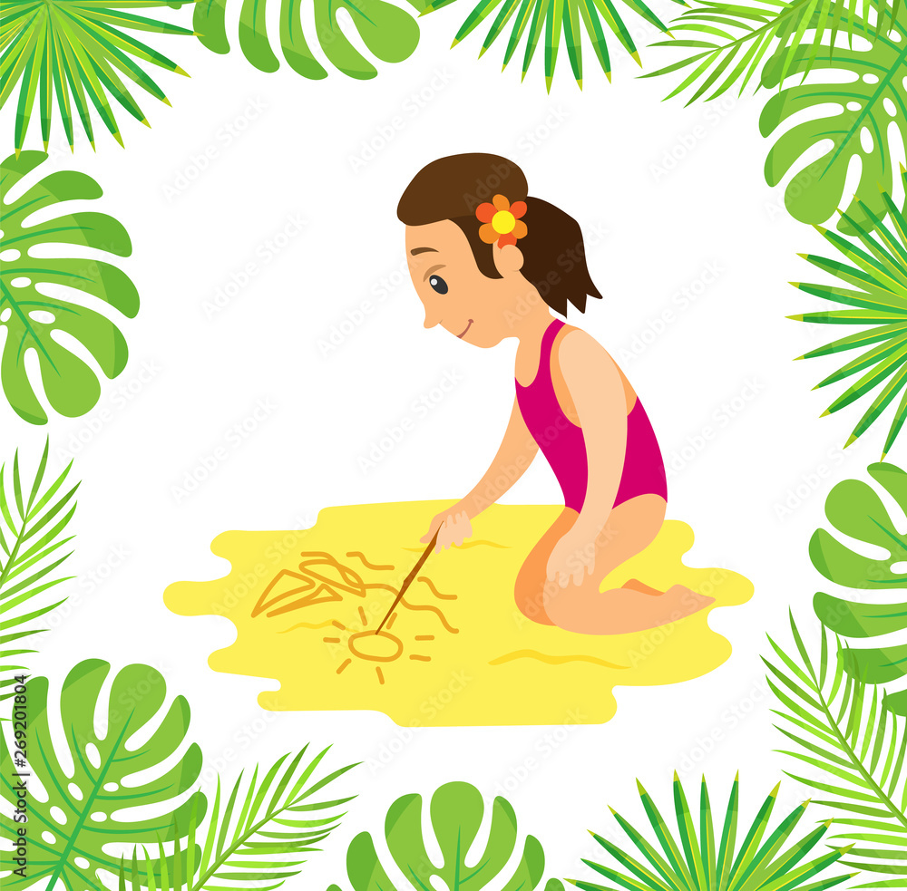 Summer beach, girl drawing sailboat and sun on sand with stick vector. Palm leaves frame, holidays or vacation, child with flower in hair, recreation