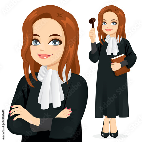 Female judge holding book and gavel standing and with crossed arms closeup