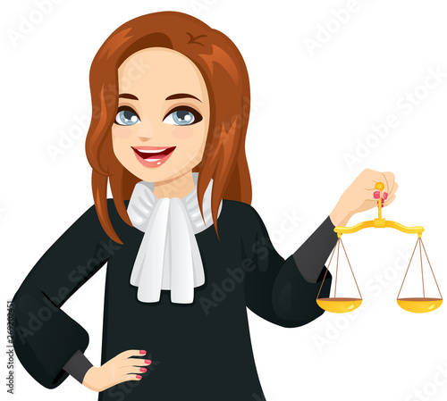 Young female judge holding golden justice scale