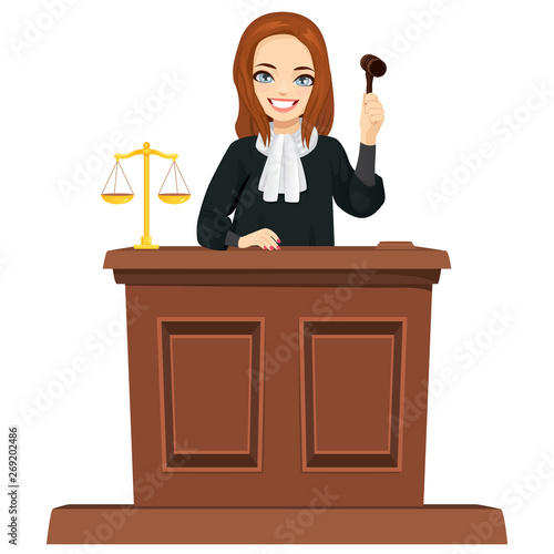 Young female judge character with gavel hammer