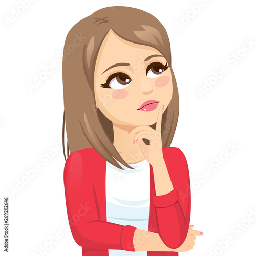 Thinking teenager woman with straight blond hairstyle looking away isolated on white background 