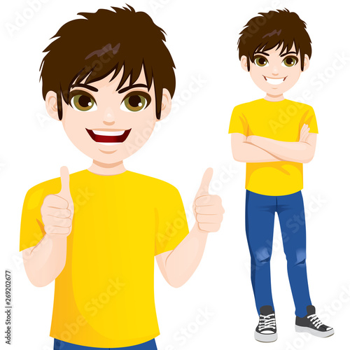 Teenager boy standing with arms crossed and making thumbs up hand sign gesture closeup